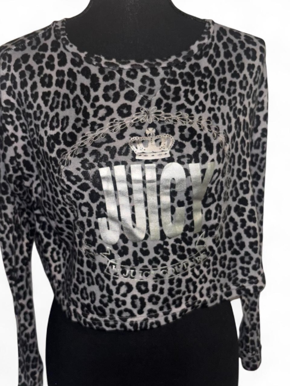 Juicy Couture Silver Logo Gray Leopard Print Long Pajama Top